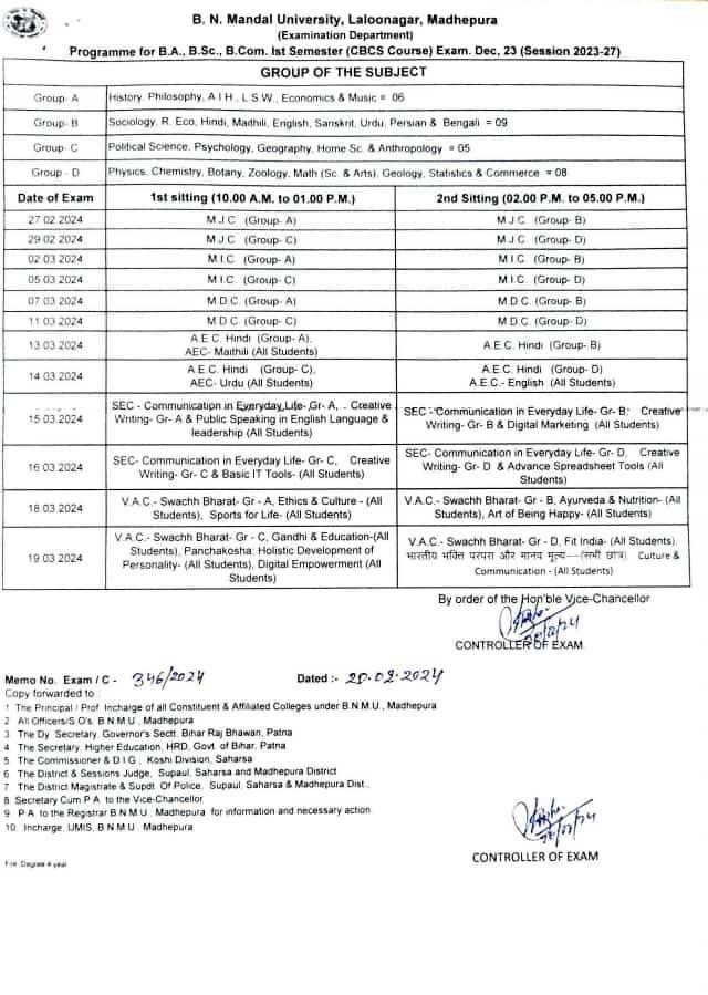 BNMU Part 1 First Sem. Exam Routine 2023-27 :