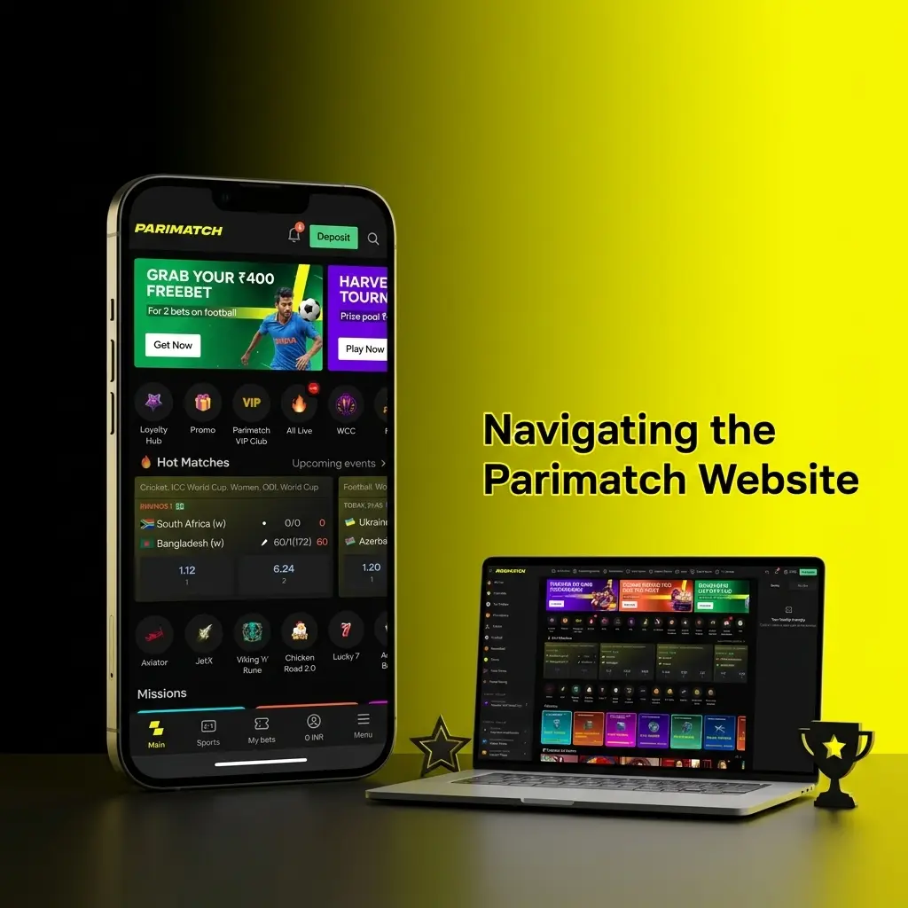 Parimatch website navigation bar showing Sports, Live Betting, Casino and account dashboard options on all screen sizes