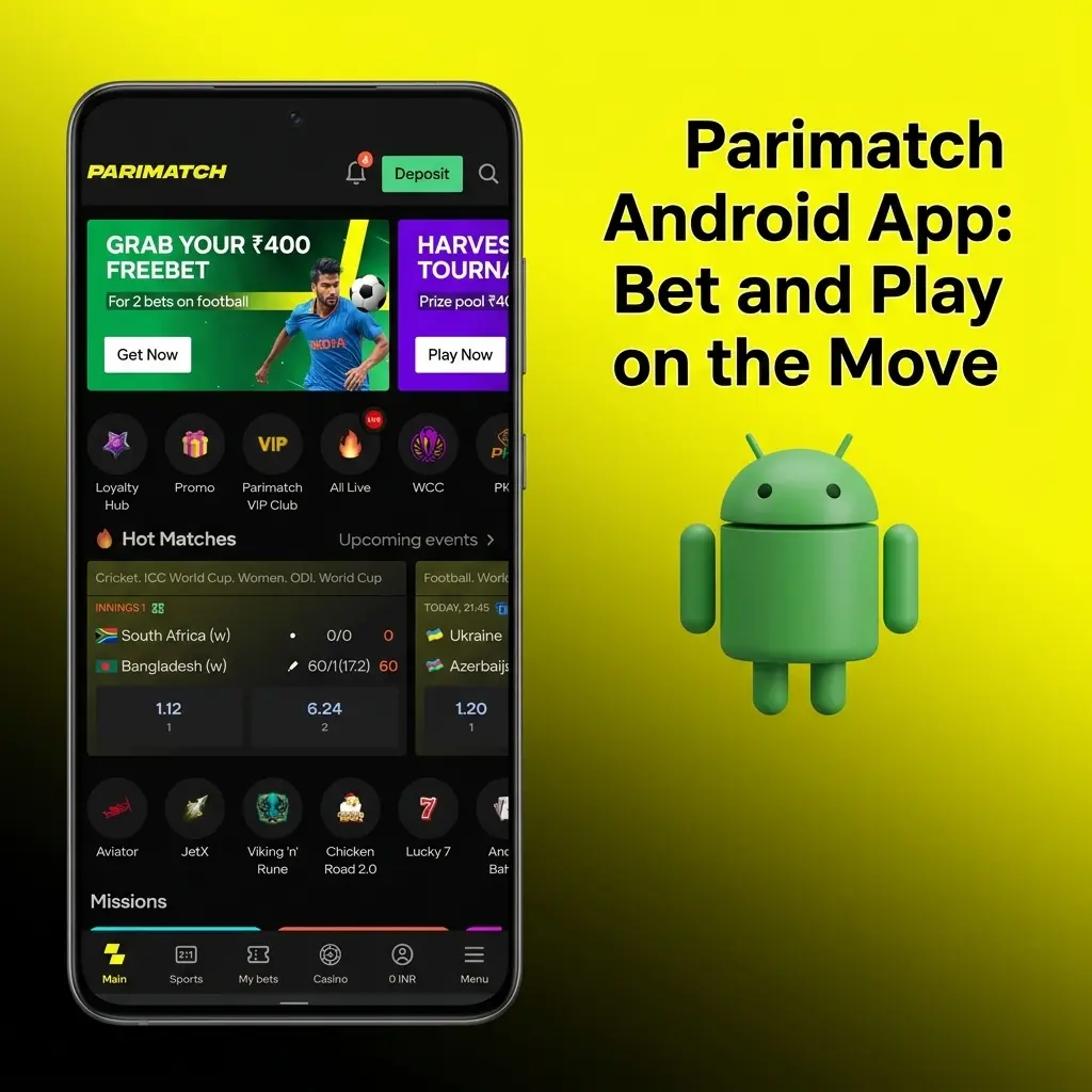 Parimatch Android app interface showing mobile betting and casino games on a smartphone screen