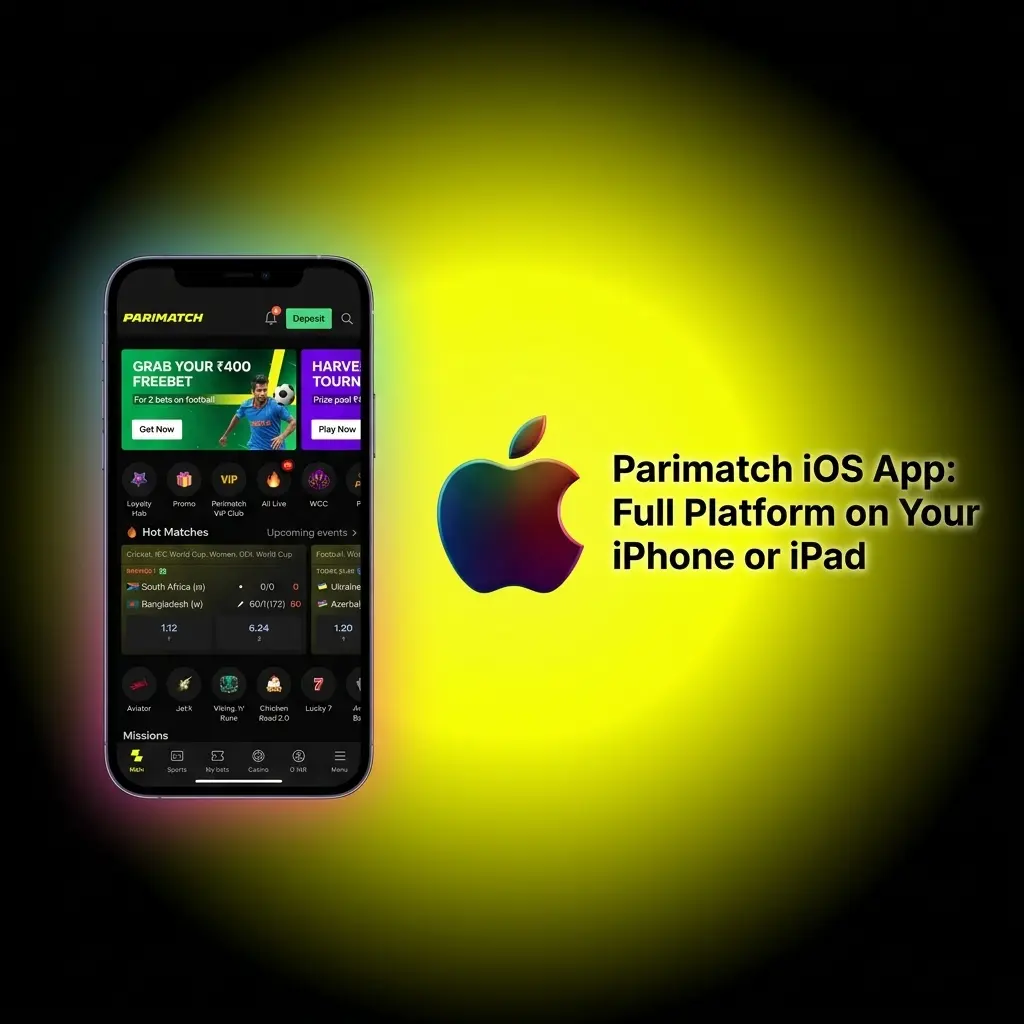 Parimatch iOS app on iPhone and iPad showing sports betting and live casino features with easy download