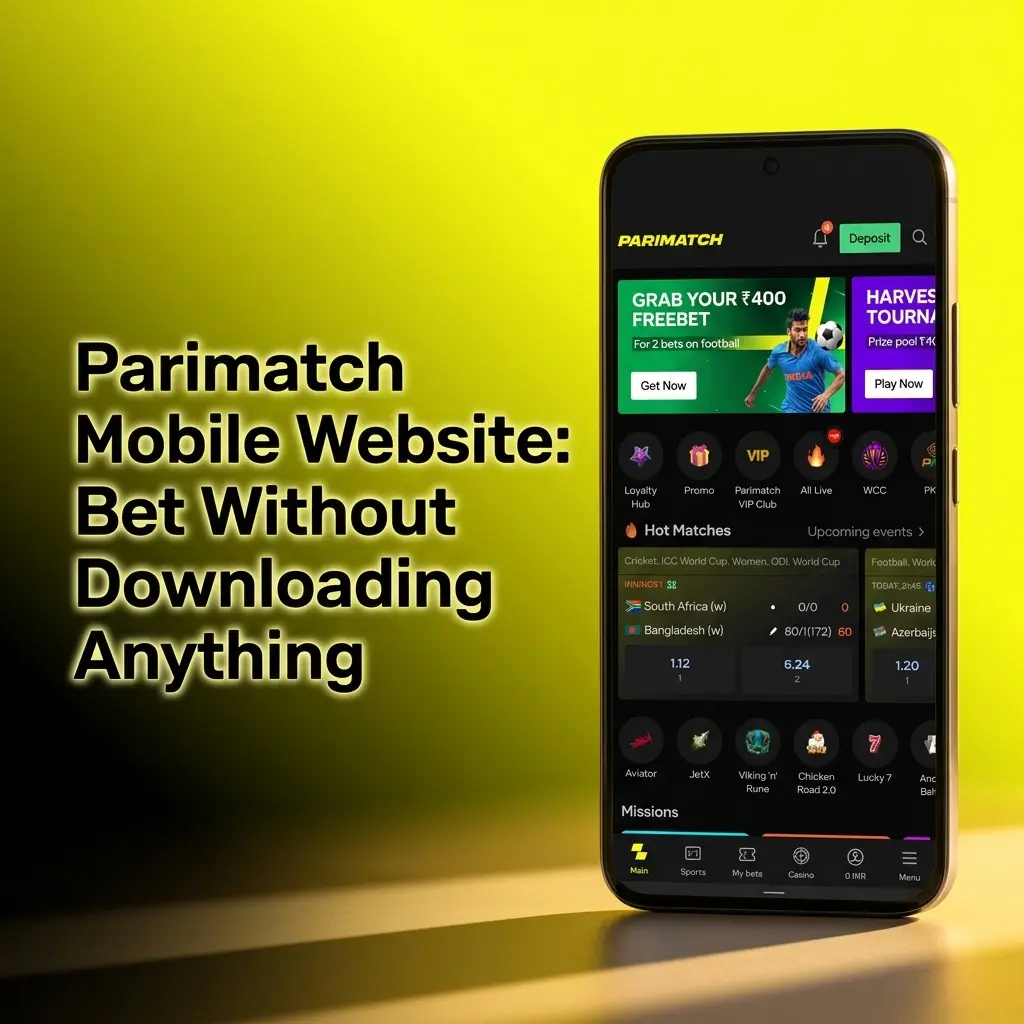 Parimatch mobile website interface on smartphone showing sports betting markets and casino games without app download