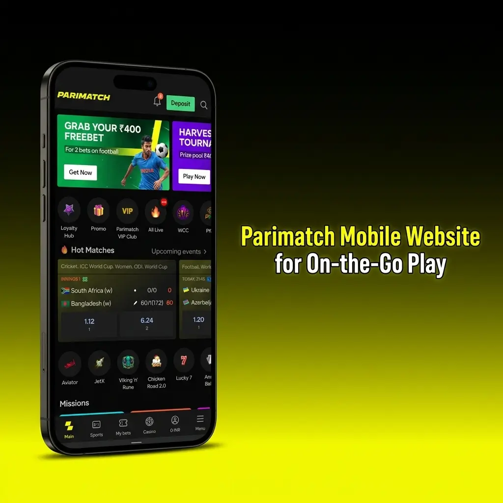 Parimatch mobile website interface showing sports betting and casino games optimised for smartphones and tablets in India