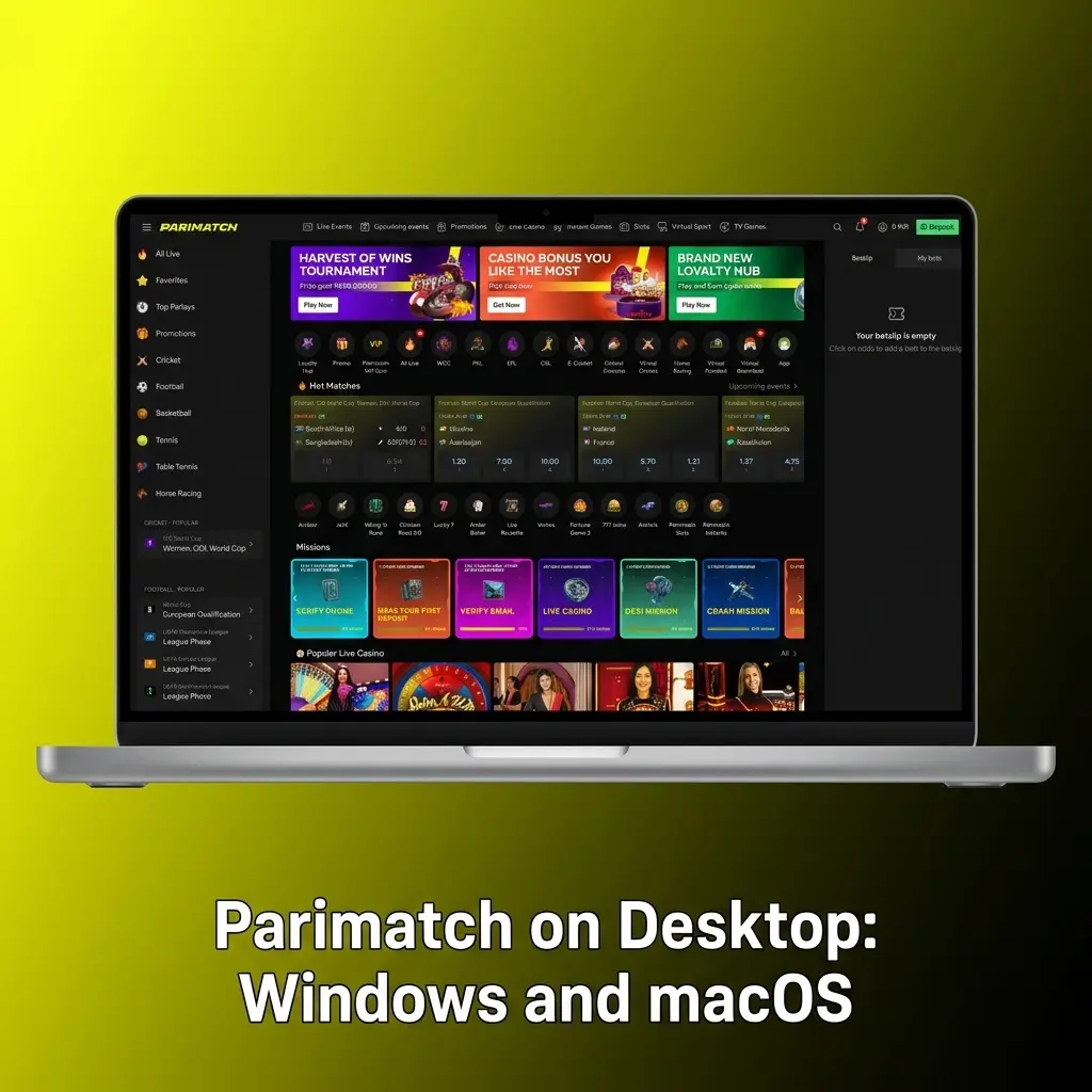 Parimatch desktop browser interface on Windows and macOS showing sports betting and casino games without download