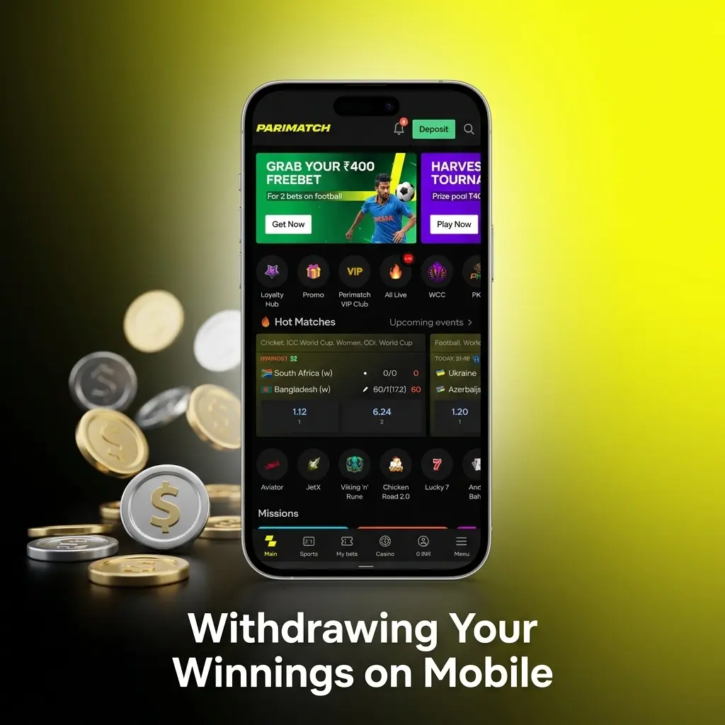 Parimatch mobile withdrawal steps showing UPI, PhonePe, and Paytm options with minimum INR 500 payout process